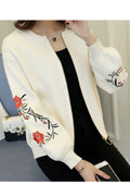 Women Simple Solid Colored Cute Flower Embroidery Pattern Zip Up Closure Long Sleeve Casual Jacket