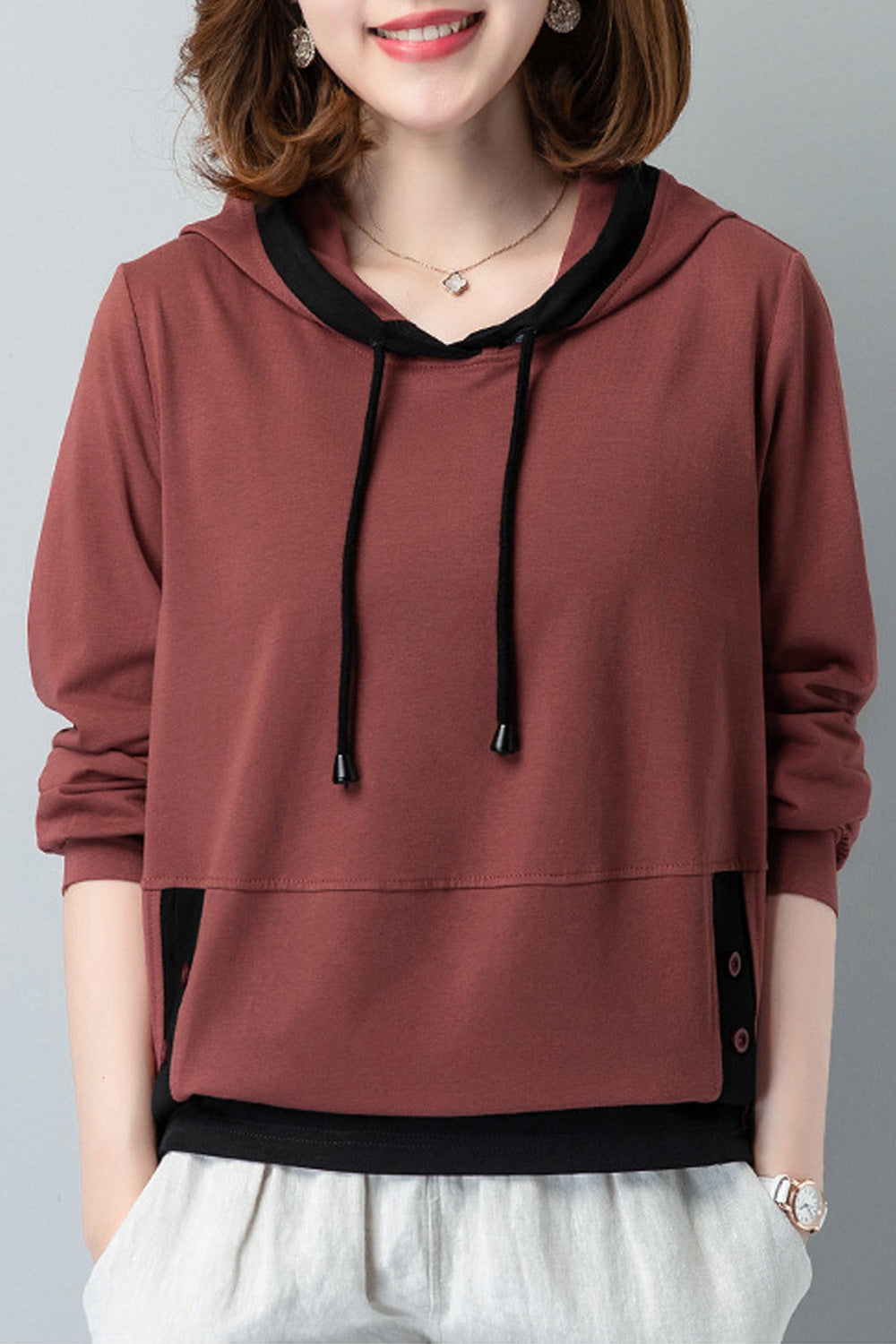 Women Solid Colored Long Sleeve Drawstring Convenient Warm Superb Tremendous Pullover Hoodie