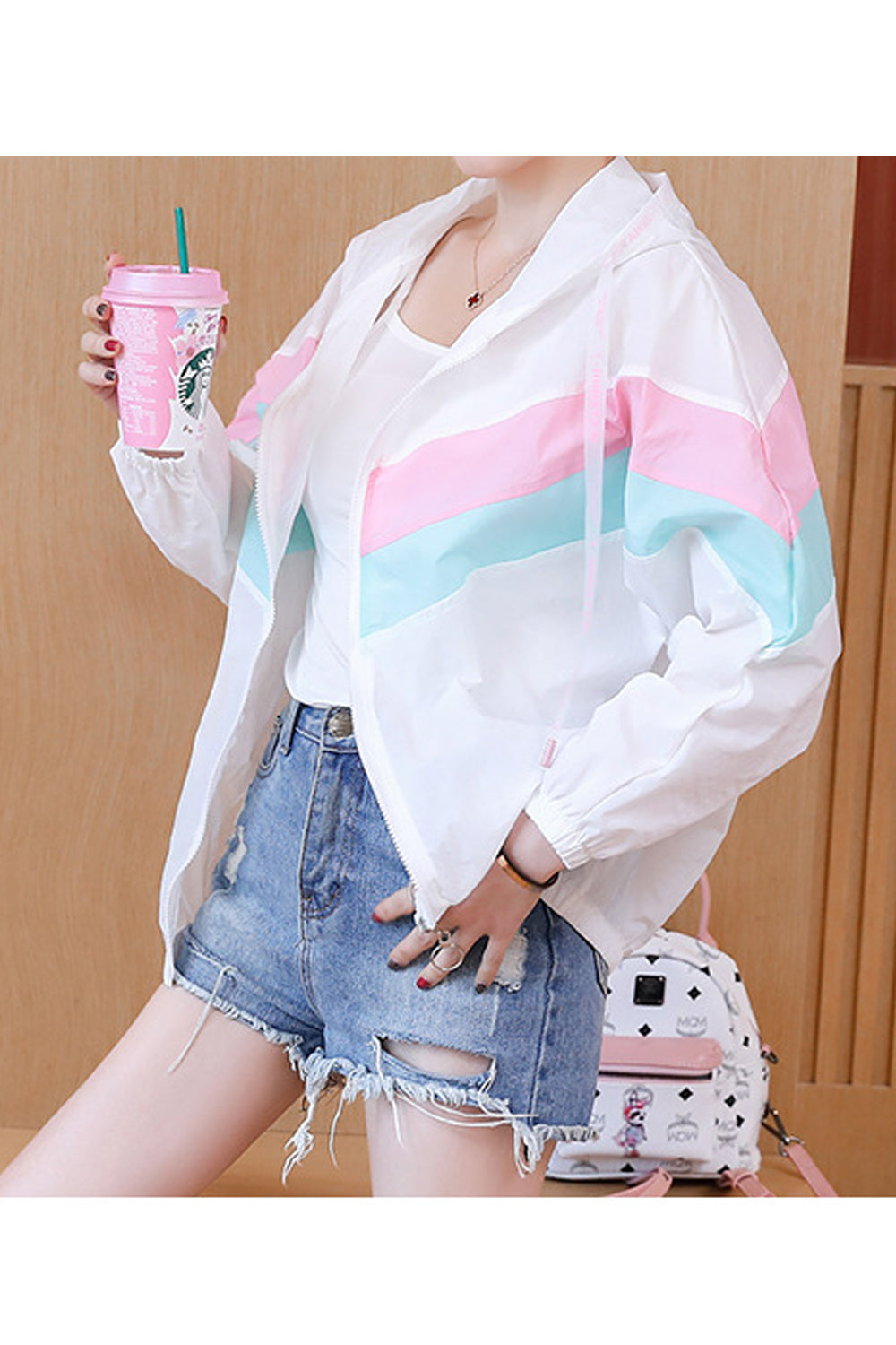 Women Striped Pattern Breathable Lightweight Soft Hooded Neck Wonderful Casual Jacket