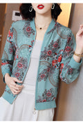 Women Pretty Floral Printed Round Neck Ribbed Hem Casual Jacket