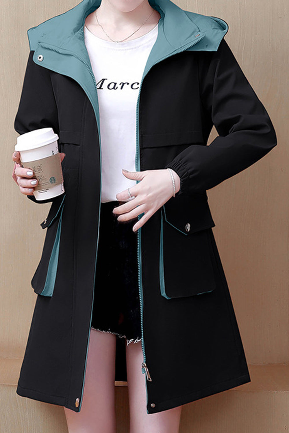 Women Pocket Styled Loose Long Sleeve Solid Colored Hood Neck Warm Mid Length Windbreaker Casual Jacket