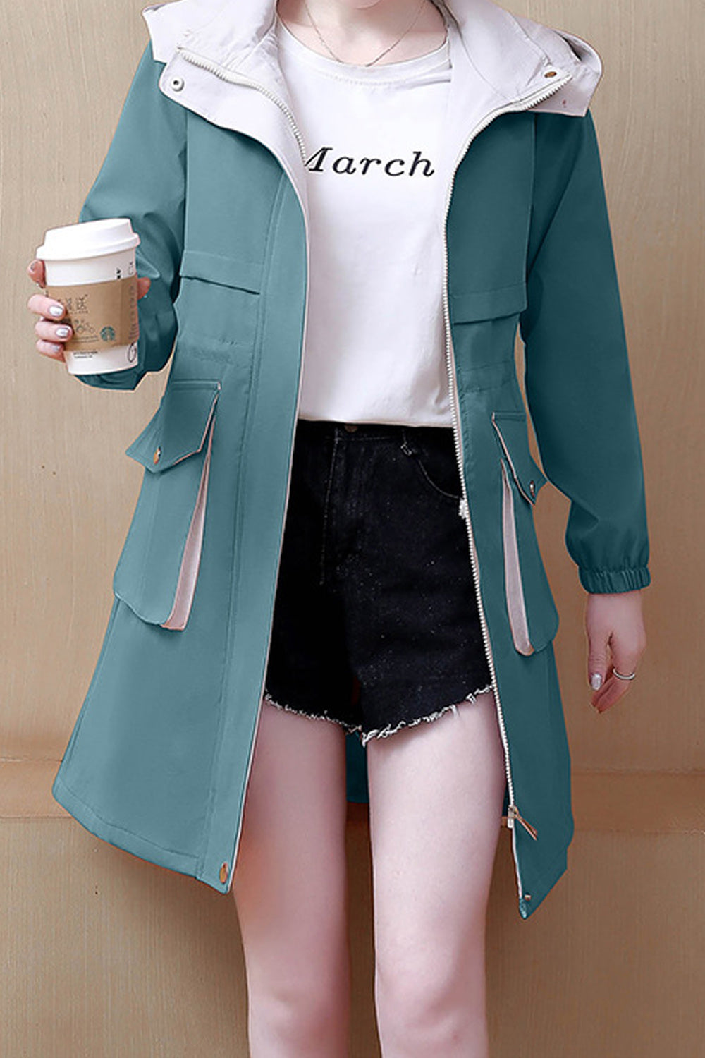 Women Pocket Styled Loose Long Sleeve Solid Colored Hood Neck Warm Mid Length Windbreaker Casual Jacket