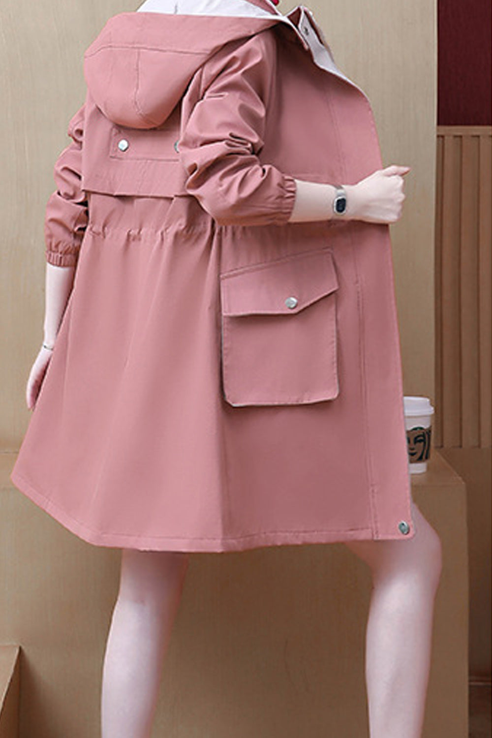 Women Pocket Styled Loose Long Sleeve Solid Colored Hood Neck Warm Mid Length Windbreaker Casual Jacket