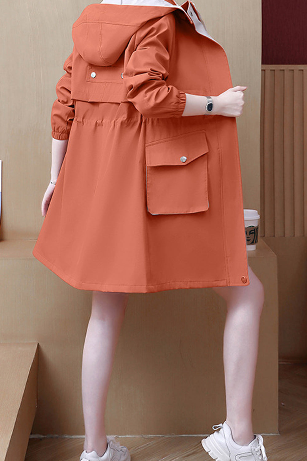 Women Pocket Styled Loose Long Sleeve Solid Colored Hood Neck Warm Mid Length Windbreaker Casual Jacket