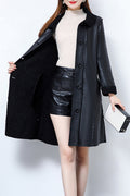 Women Mid Length Long Sleeve Collar Neck Thick Button Closure Warm Winter Windproof PU Leather Jacket