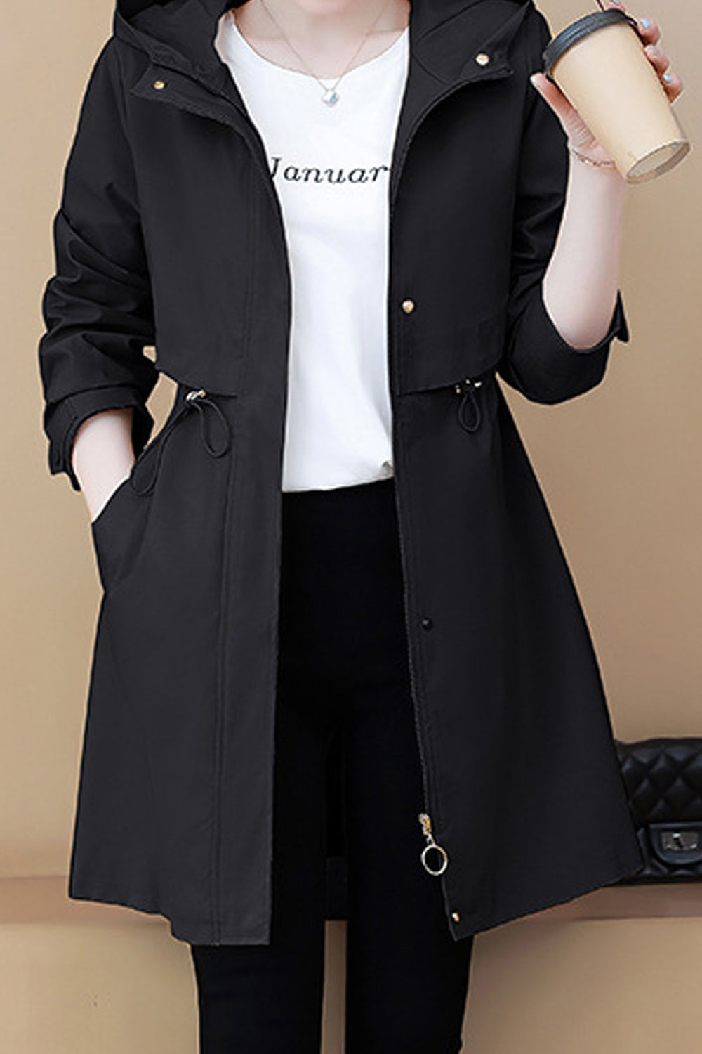 Women Convenient Mid Length Fashionable Solid Colored Hood Neck Windbreaker Superb Casual Jacket