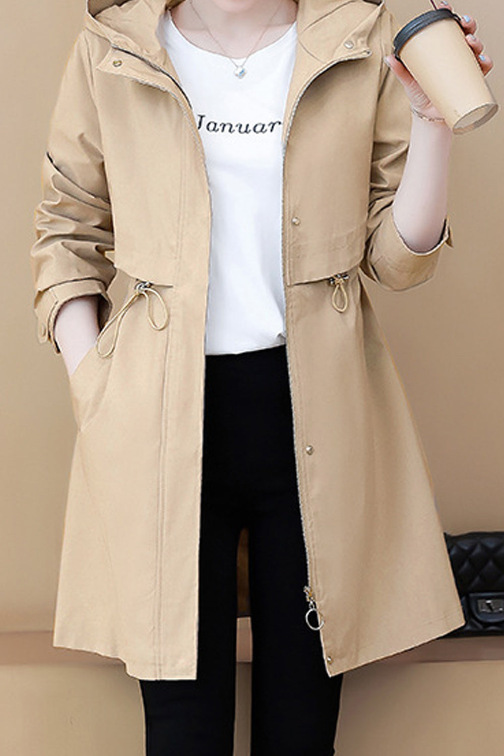 Women Convenient Mid Length Fashionable Solid Colored Hood Neck Windbreaker Superb Casual Jacket