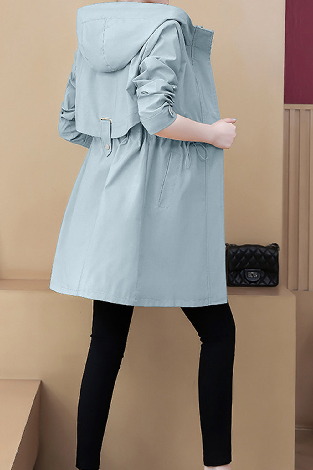 Women Convenient Mid Length Fashionable Solid Colored Hood Neck Windbreaker Superb Casual Jacket