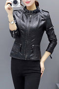 Women Stand Collar Neck Long Sleeve Thick Solid Colored Outdoor Winter PU Leather Jacket