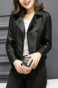 Women Elegant Solid Colored Long Sleeve Winter Casual Windproof Thick PU Leather Jacket
