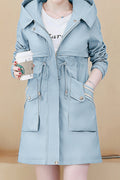Women Soft Solid Pattern Mid Length Hood Neck Windproof Long Sleeve Elegant Casual Jacket
