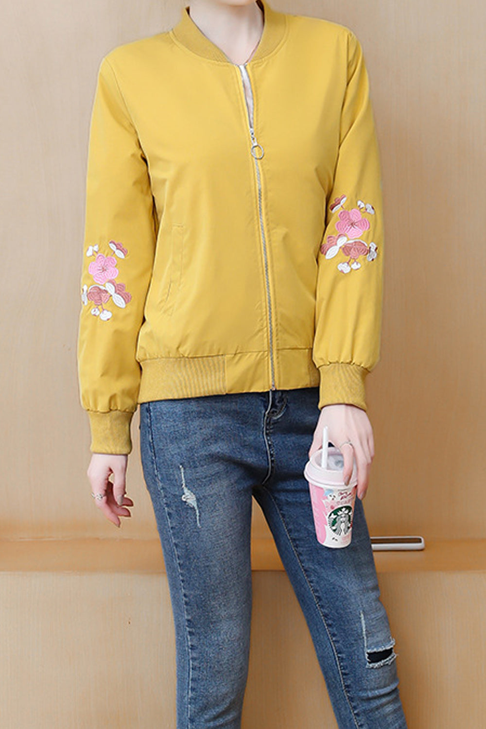 Women Convenient Zipper Closure Long Sleeve Pretty Flower Embroidery Round Neck Comfy Casual Jacket