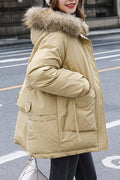 Women Cozy Fluffy Hood Long Sleeve Amazing Solid Colored Convenient Zipper Warm Padded Jacket