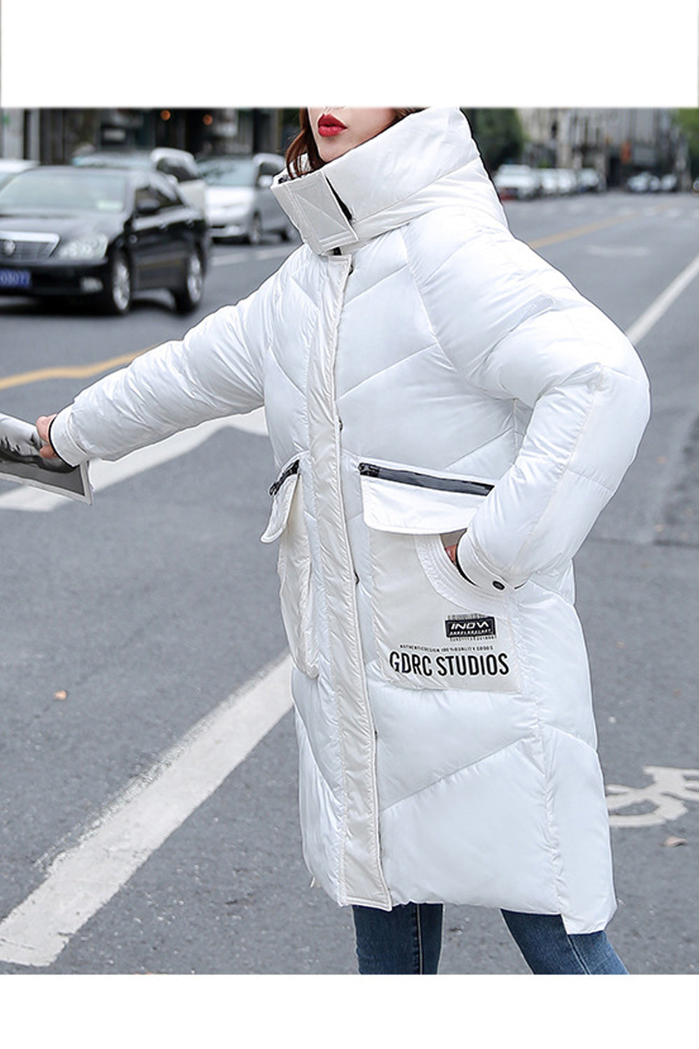 Women Hood Neck Long Sleeve Mid Length Warm Solid Pattern Classy Winter Padded Jacket