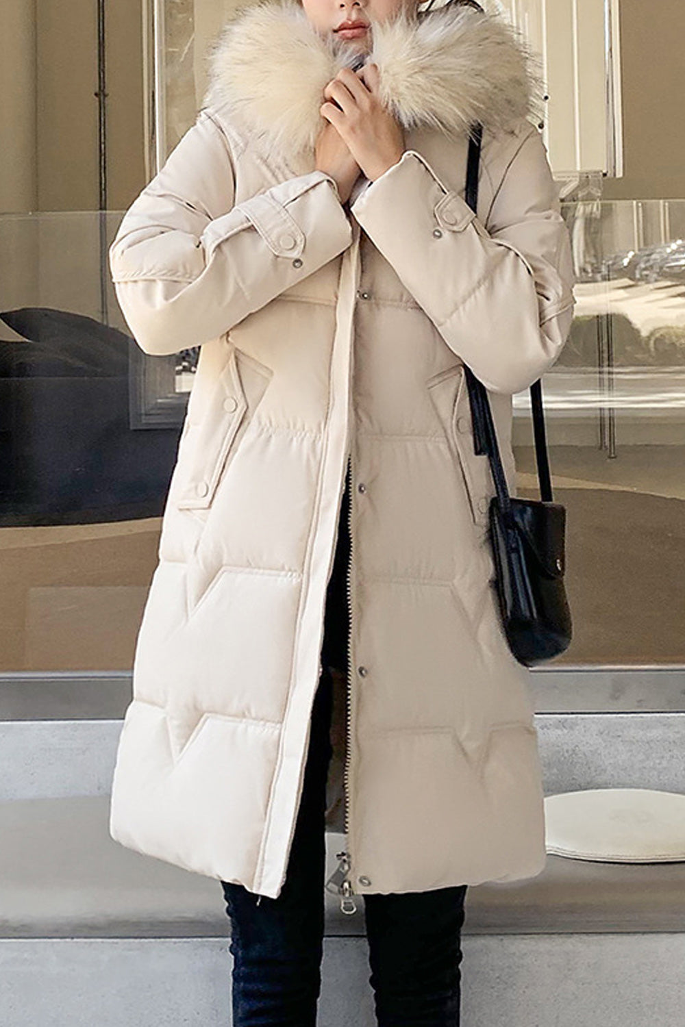 Women Fluffy Hood Cozy Mid Length Winter Solid Colored Long Sleeve Thick Padded Jacket