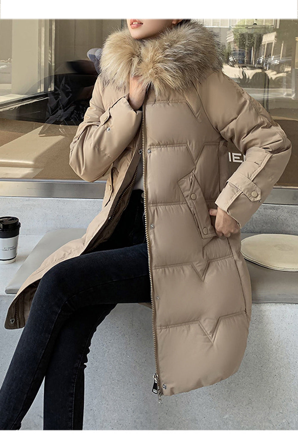 Women Fluffy Hood Cozy Mid Length Winter Solid Colored Long Sleeve Thick Padded Jacket