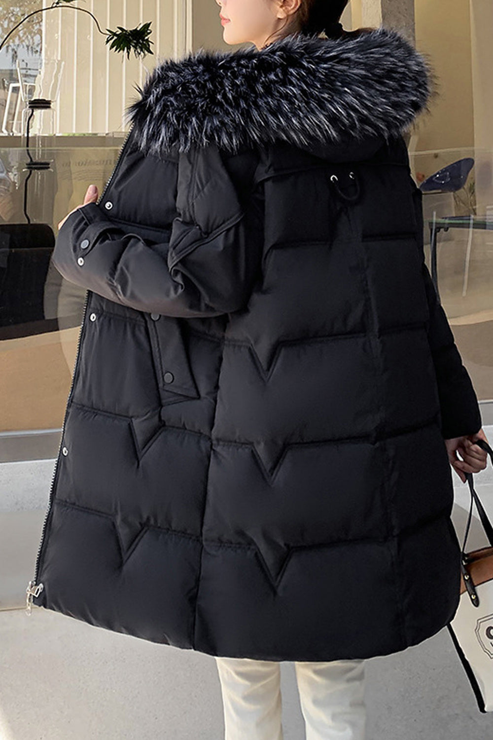 Women Fluffy Hood Cozy Mid Length Winter Solid Colored Long Sleeve Thick Padded Jacket