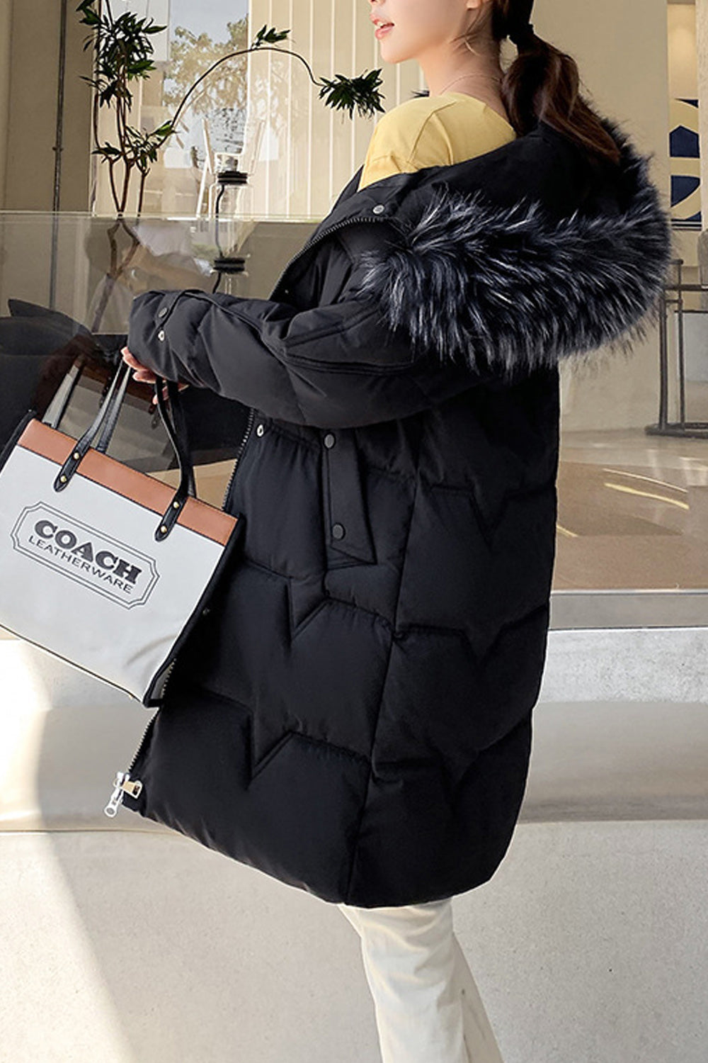 Women Fluffy Hood Cozy Mid Length Winter Solid Colored Long Sleeve Thick Padded Jacket