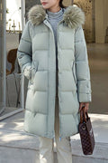 Women Fluffy Hood Cozy Mid Length Winter Solid Colored Long Sleeve Thick Padded Jacket