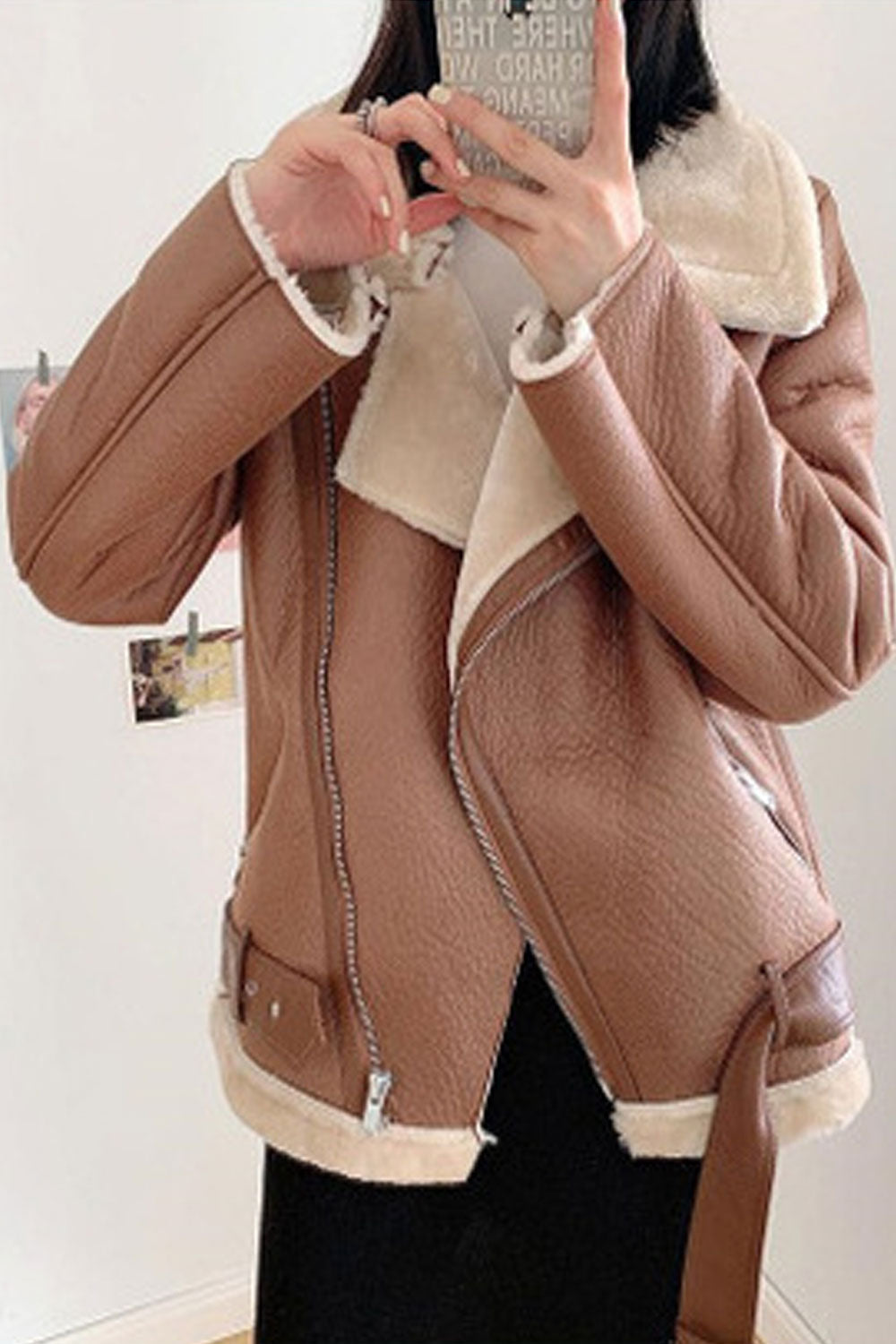 Women Winter Leather And Valvet Wide Collar Jacket