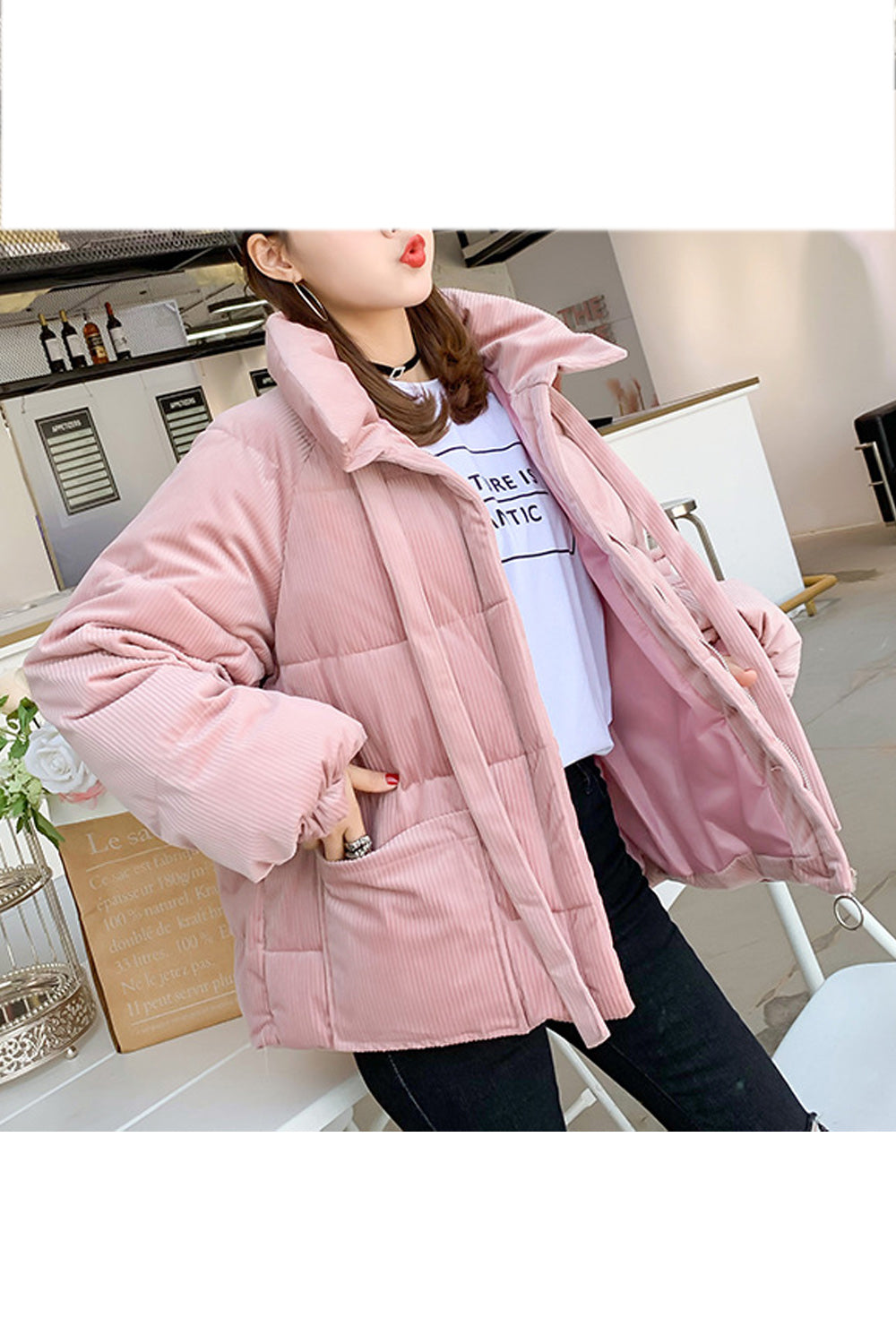 Women Superb Long Sleeve Elegant Solid Pattern Fashion Thick Side Pocket Padded Jacket