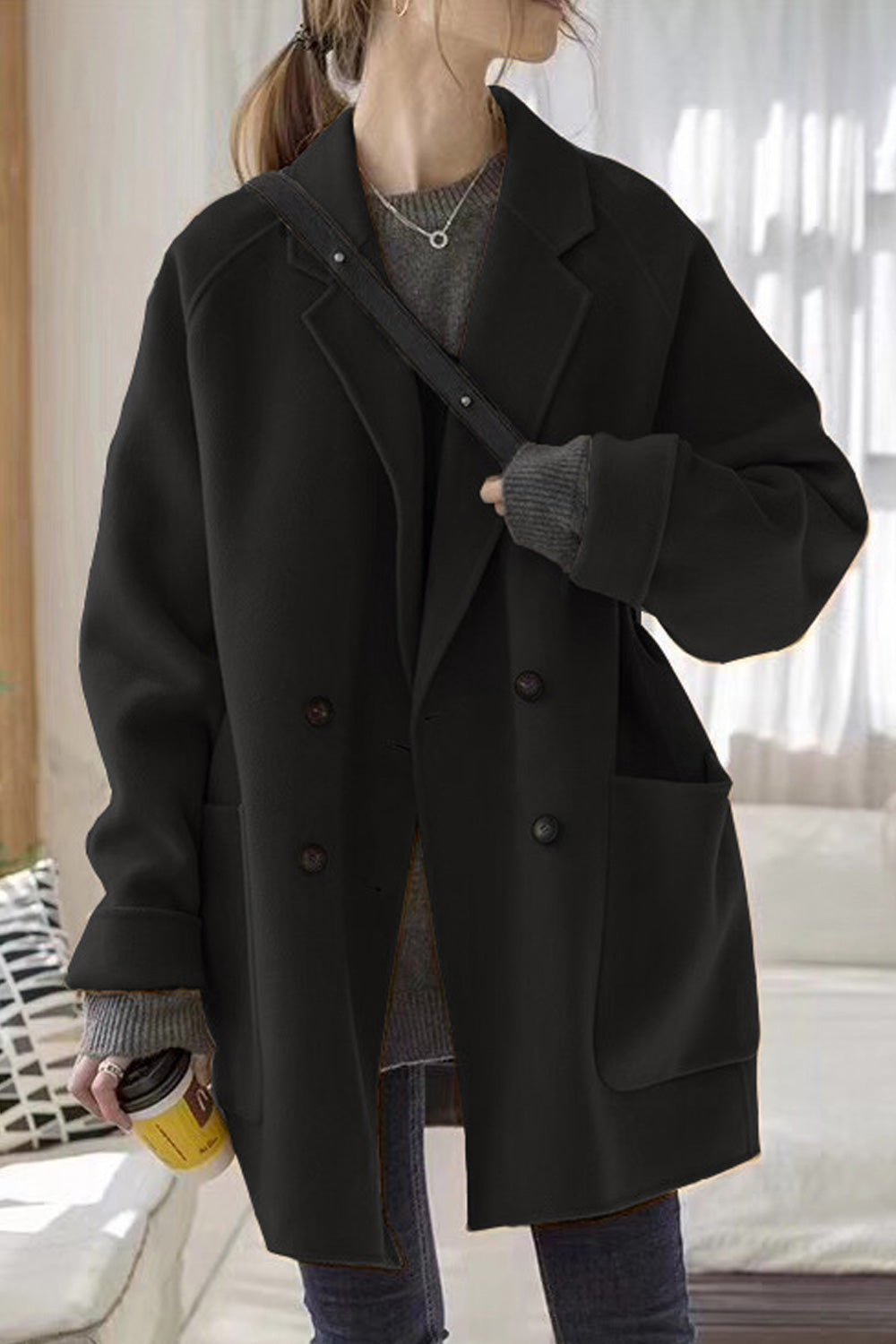 Women Long Sleeve Thick Winter Mid Length Loose Solid Colored Loose Collar Neck Comfy Coat