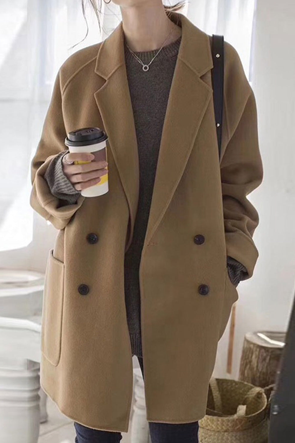 Women Long Sleeve Thick Winter Mid Length Loose Solid Colored Loose Collar Neck Comfy Coat