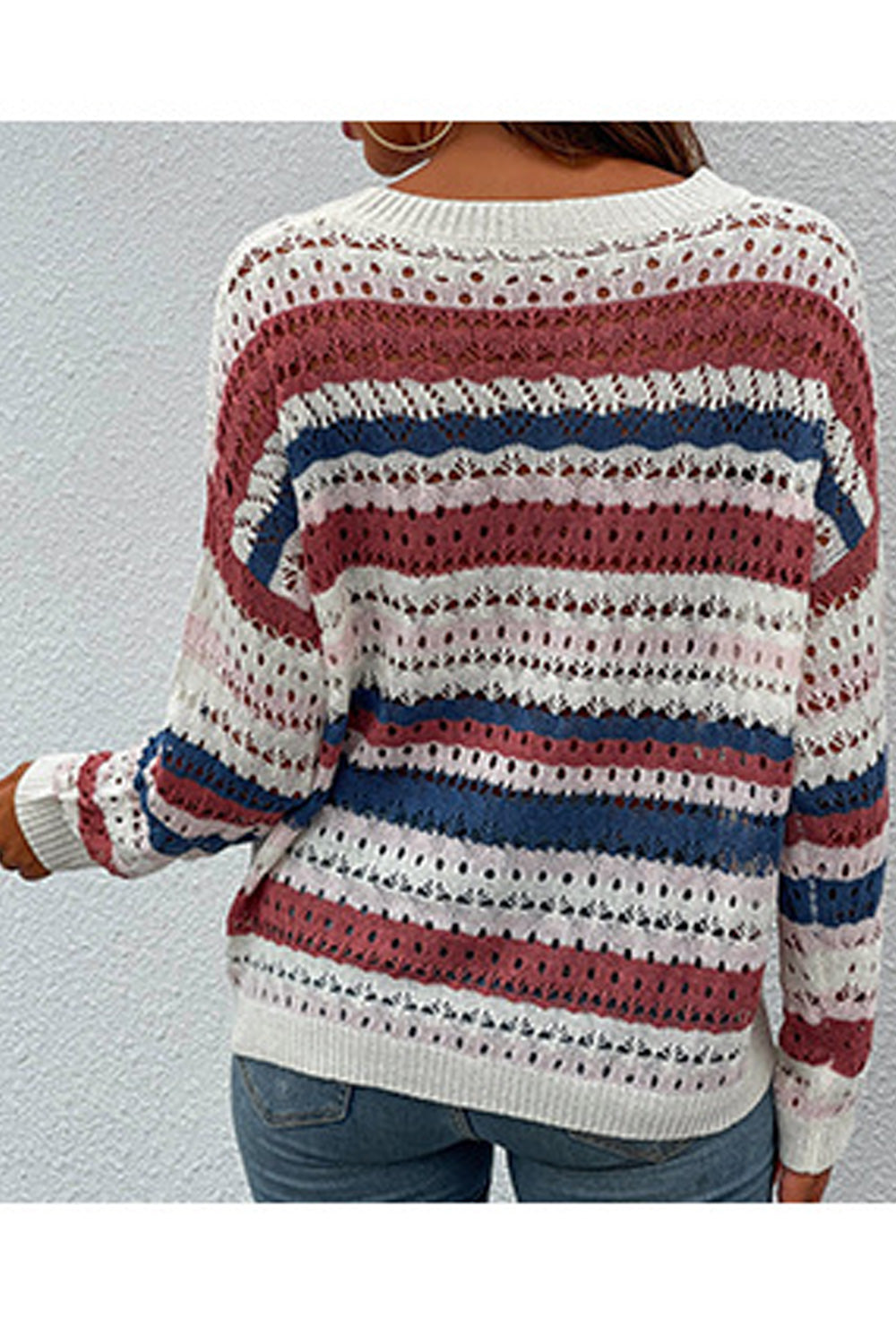 Women Superb Elasticated Cuff Striped Pattern Round Neck Hollow Style Casual Sweater