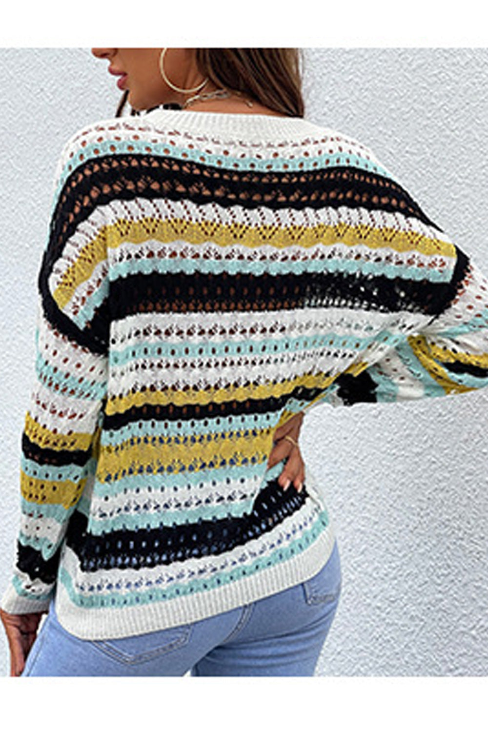 Women Superb Elasticated Cuff Striped Pattern Round Neck Hollow Style Casual Sweater