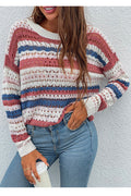 Women Superb Elasticated Cuff Striped Pattern Round Neck Hollow Style Casual Sweater