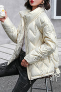 Women Solid Colored Thick Shiny Material Classy Long Sleeve Stand Collar Padded Jacket