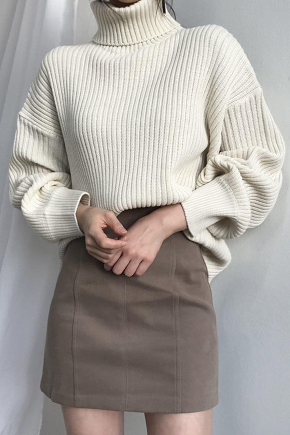Women Elegent Pullover High Neck Long Sleeve Solid Pattern Winter Sweater