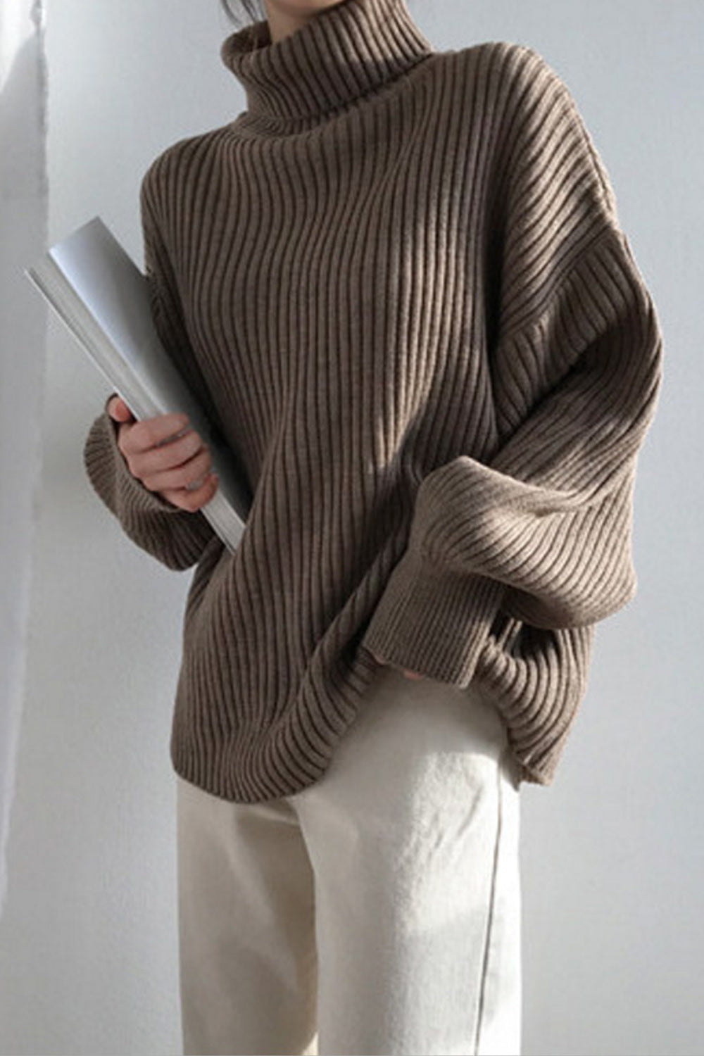 Women Elegent Pullover High Neck Long Sleeve Solid Pattern Winter Sweater