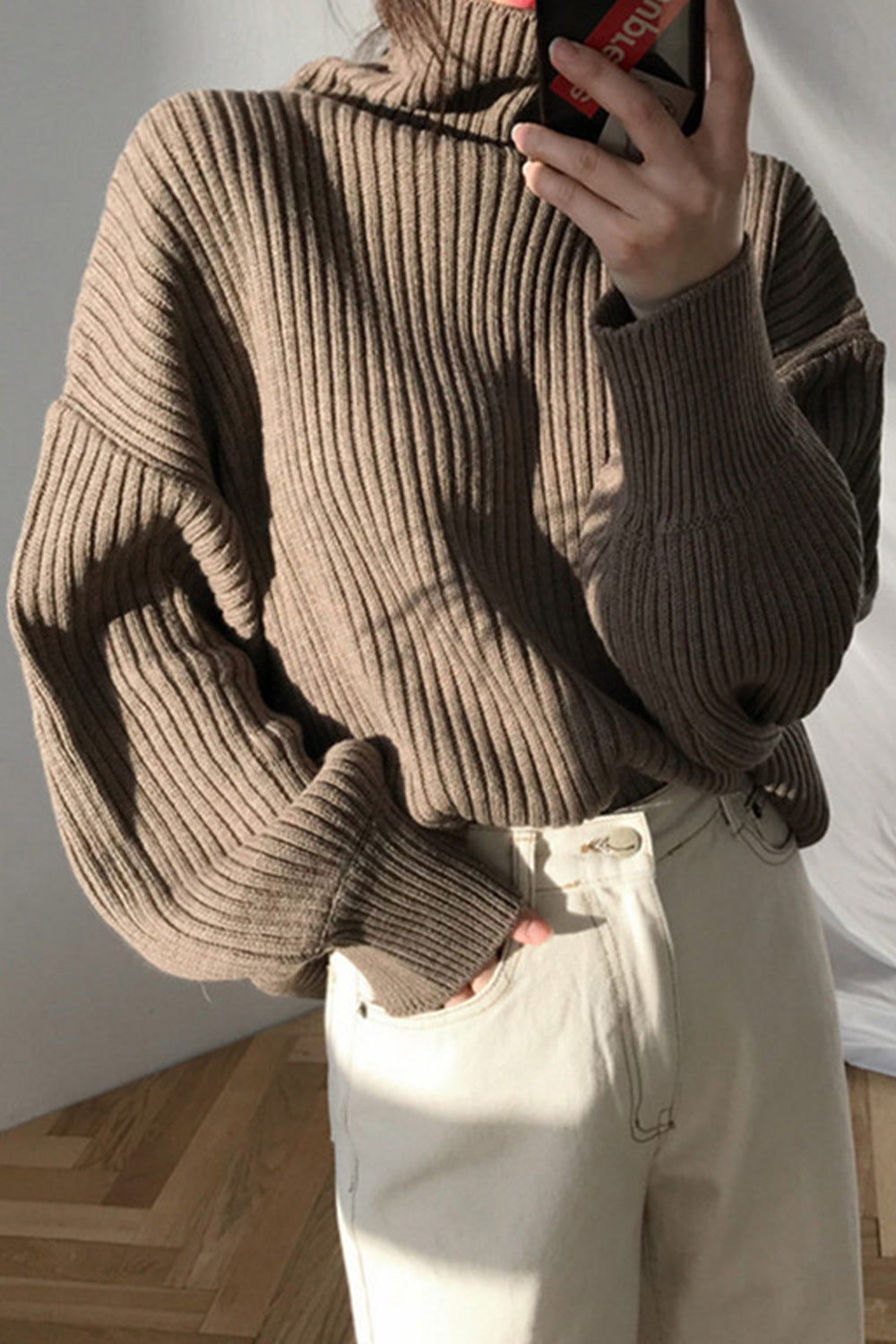 Women Elegent Pullover High Neck Long Sleeve Solid Pattern Winter Sweater