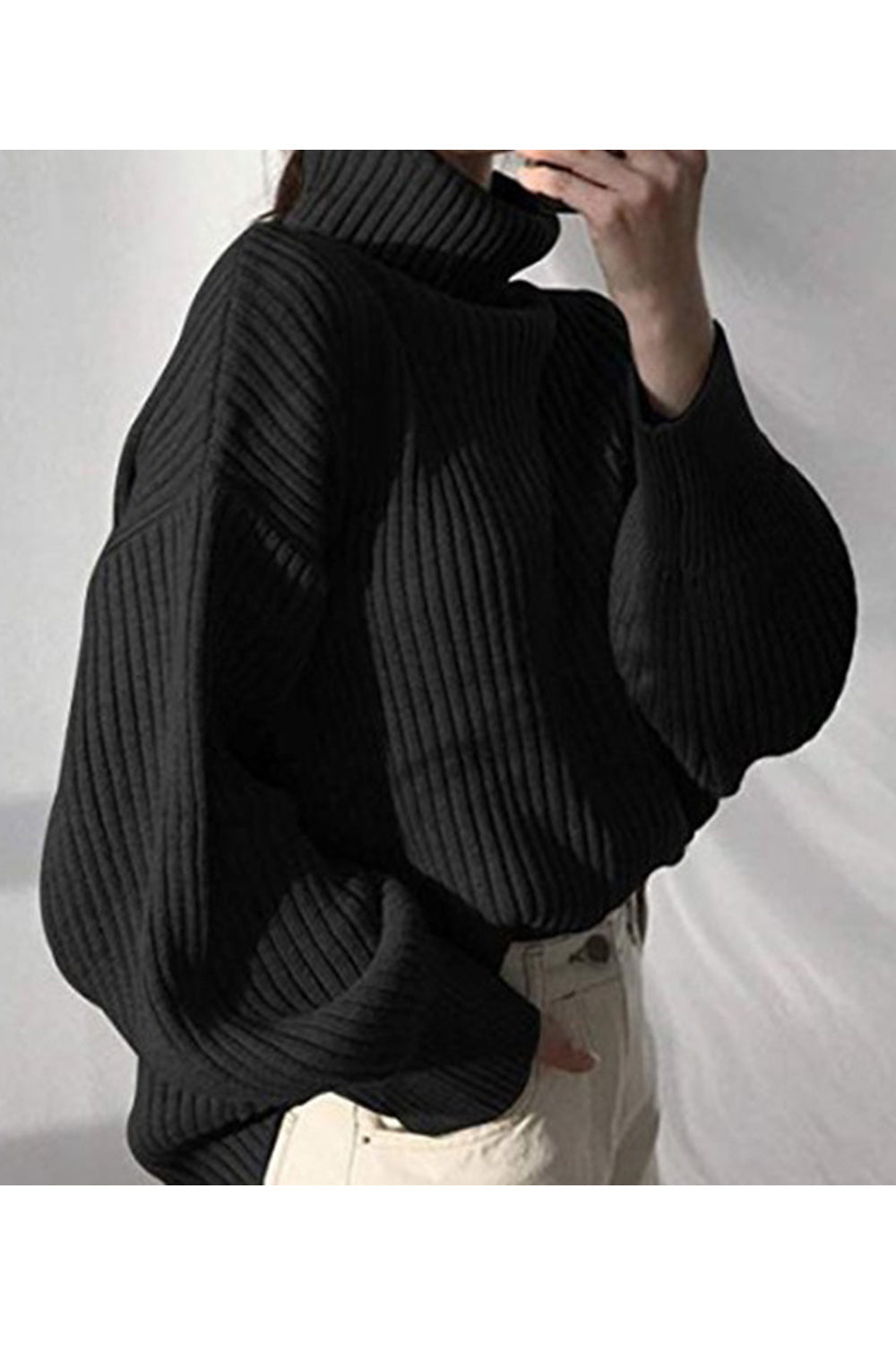Women Elegent Pullover High Neck Long Sleeve Solid Pattern Winter Sweater