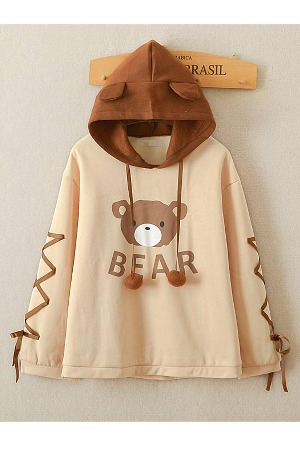 Women Cute Bear Pattern Long Sleeve Loose Ball Drawstring Lovely Hoodie