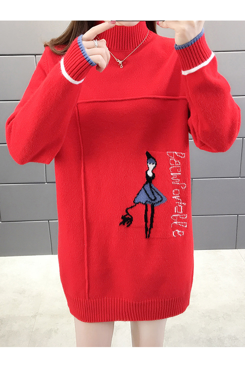 Women Outstanding Cartoon Printed Ribbed Cuff High Neck Casual Sweater