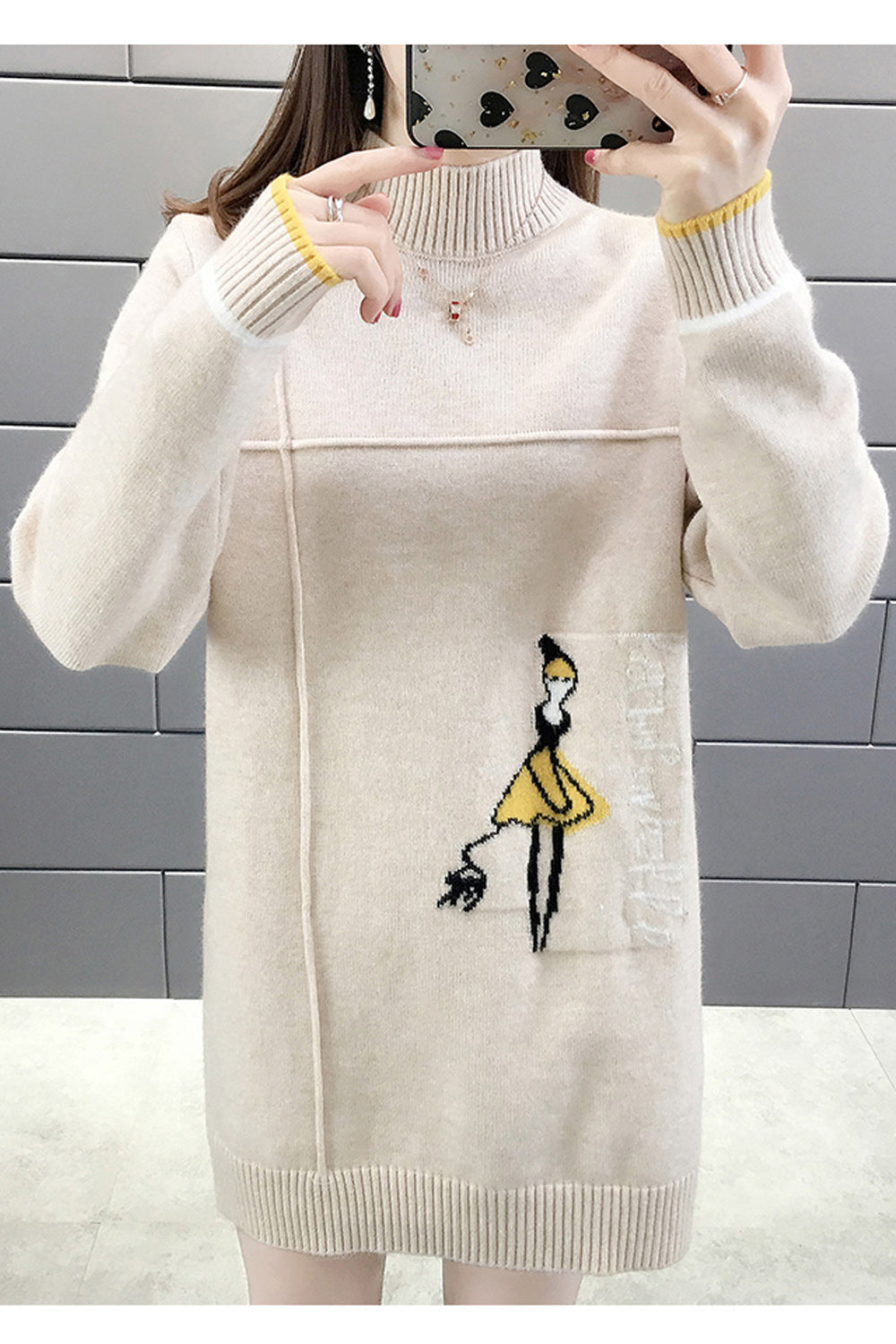 Women Outstanding Cartoon Printed Ribbed Cuff High Neck Casual Sweater
