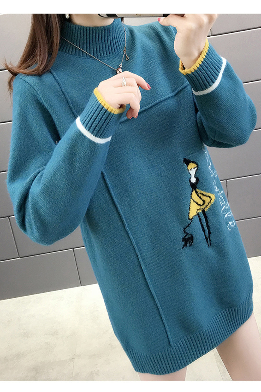 Women Outstanding Cartoon Printed Ribbed Cuff High Neck Casual Sweater