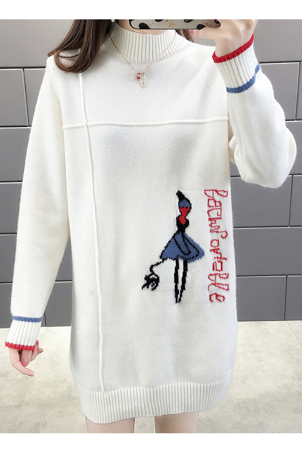 Women Outstanding Cartoon Printed Ribbed Cuff High Neck Casual Sweater