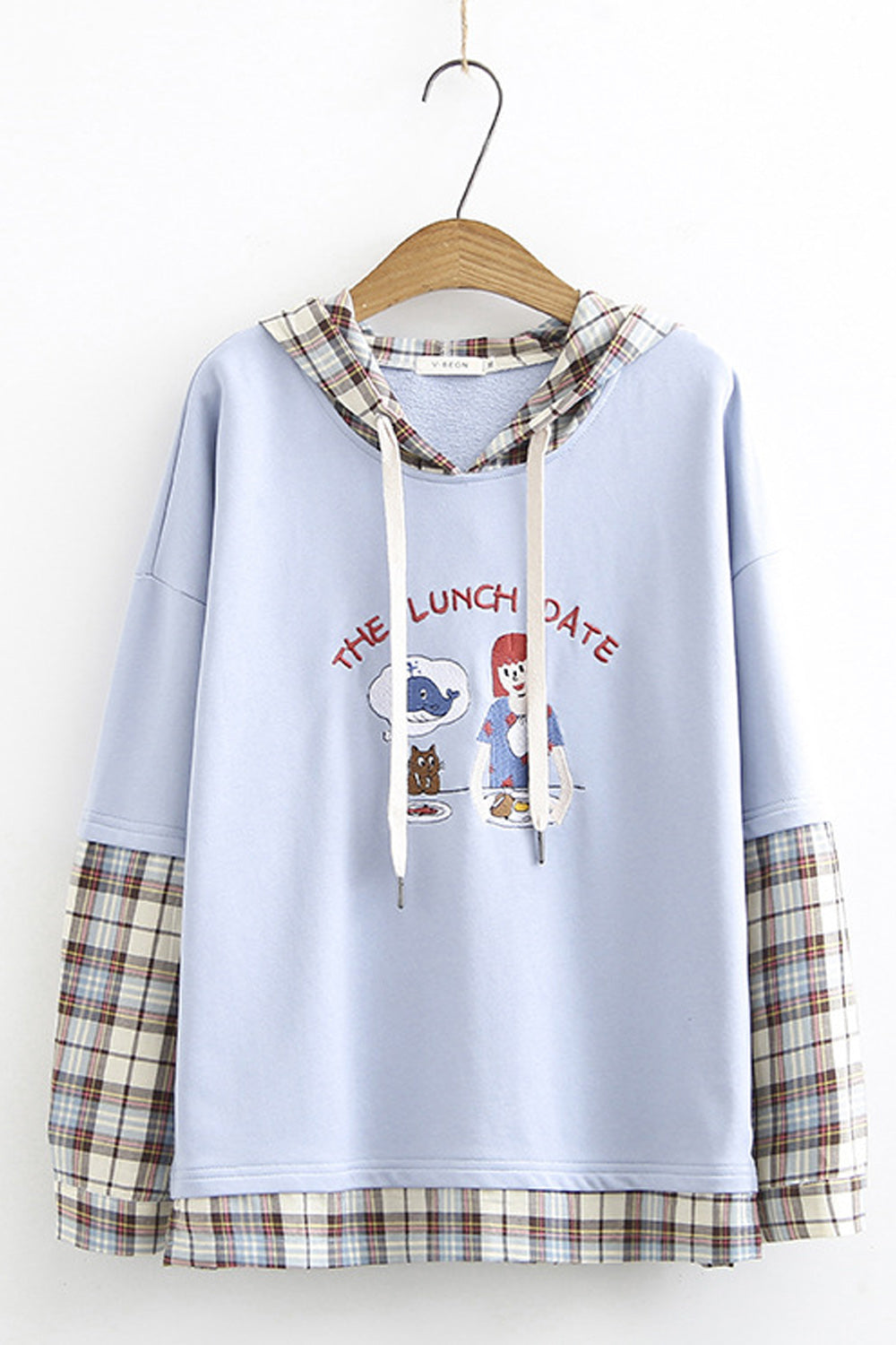 Women Plaid Pattern Long Sleeve Drawstring Comfortable Pullover Hoodie
