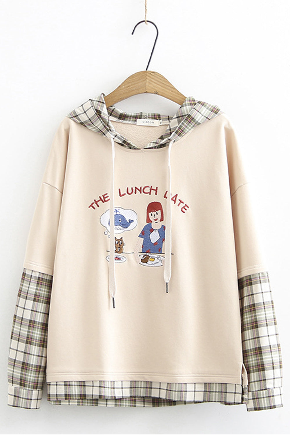 Women Plaid Pattern Long Sleeve Drawstring Comfortable Pullover Hoodie