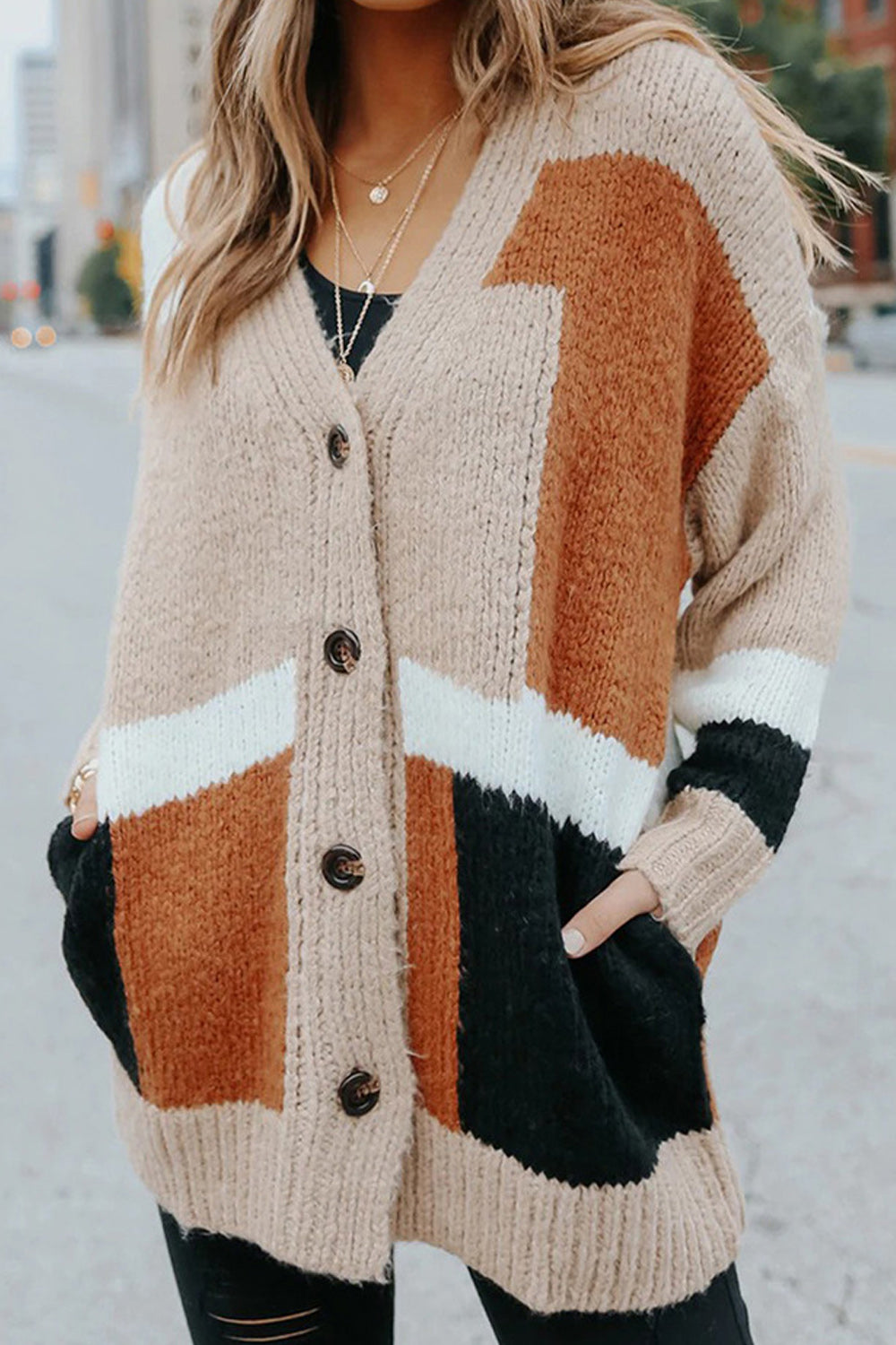 Women Knitted Decent Solid Pattern Loose Long Sleeve V-Neck Button Closure Thick Breathable Cardigan