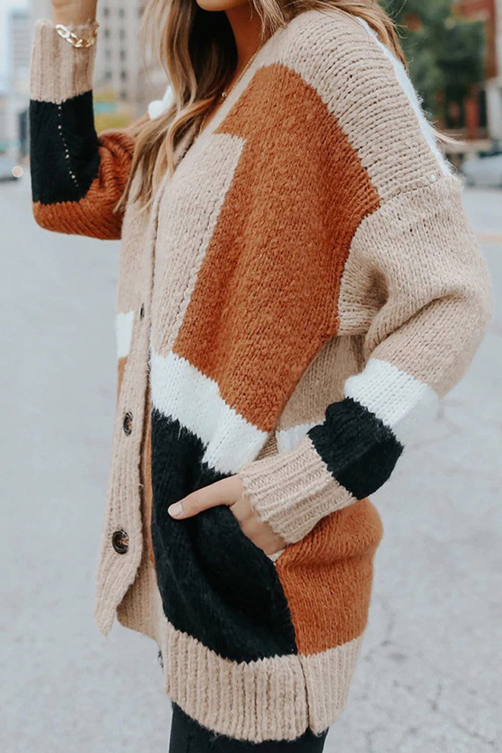 Women Knitted Decent Solid Pattern Loose Long Sleeve V-Neck Button Closure Thick Breathable Cardigan