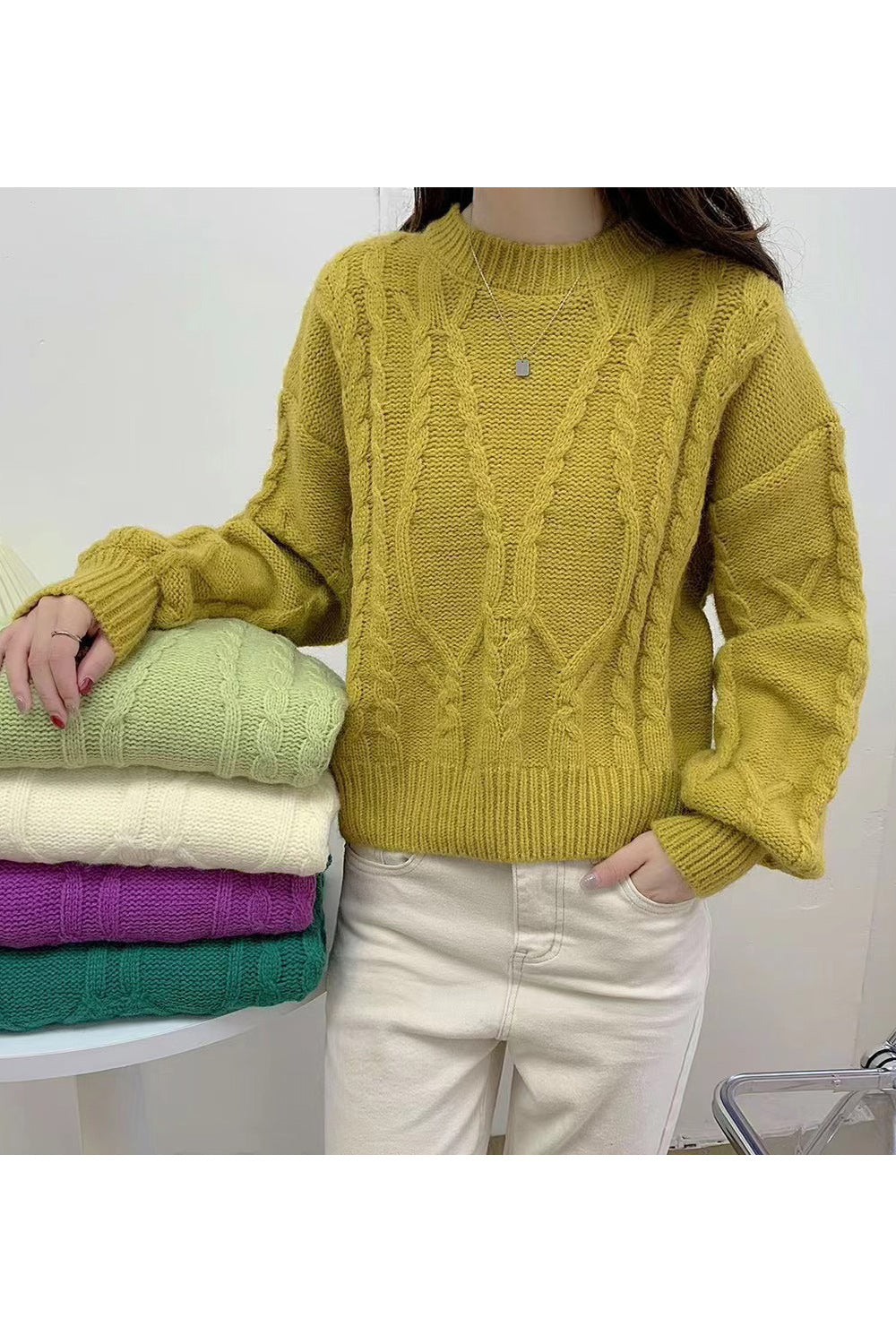 Women Stretchable Round Neck Solid Pattern Warm & Thick Long Sleeve Lovely Casual Sweater