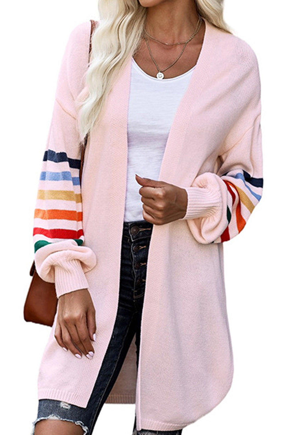 Women Outstanding Striped Pattern Long Sleeve Mid Length Front Open Lovely Thick Cardigan