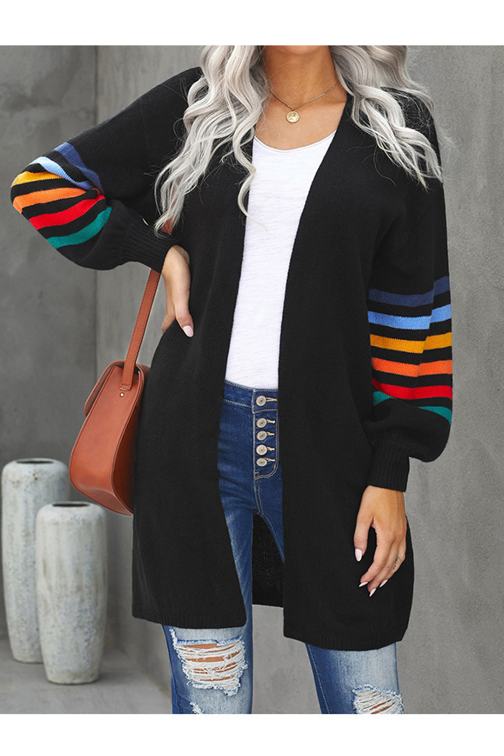 Women Outstanding Striped Pattern Long Sleeve Mid Length Front Open Lovely Thick Cardigan