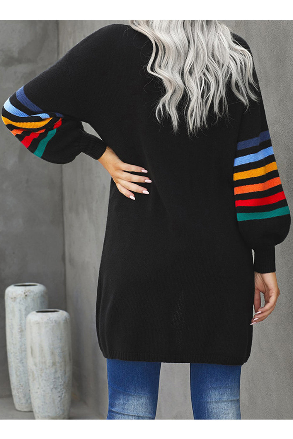 Women Outstanding Striped Pattern Long Sleeve Mid Length Front Open Lovely Thick Cardigan