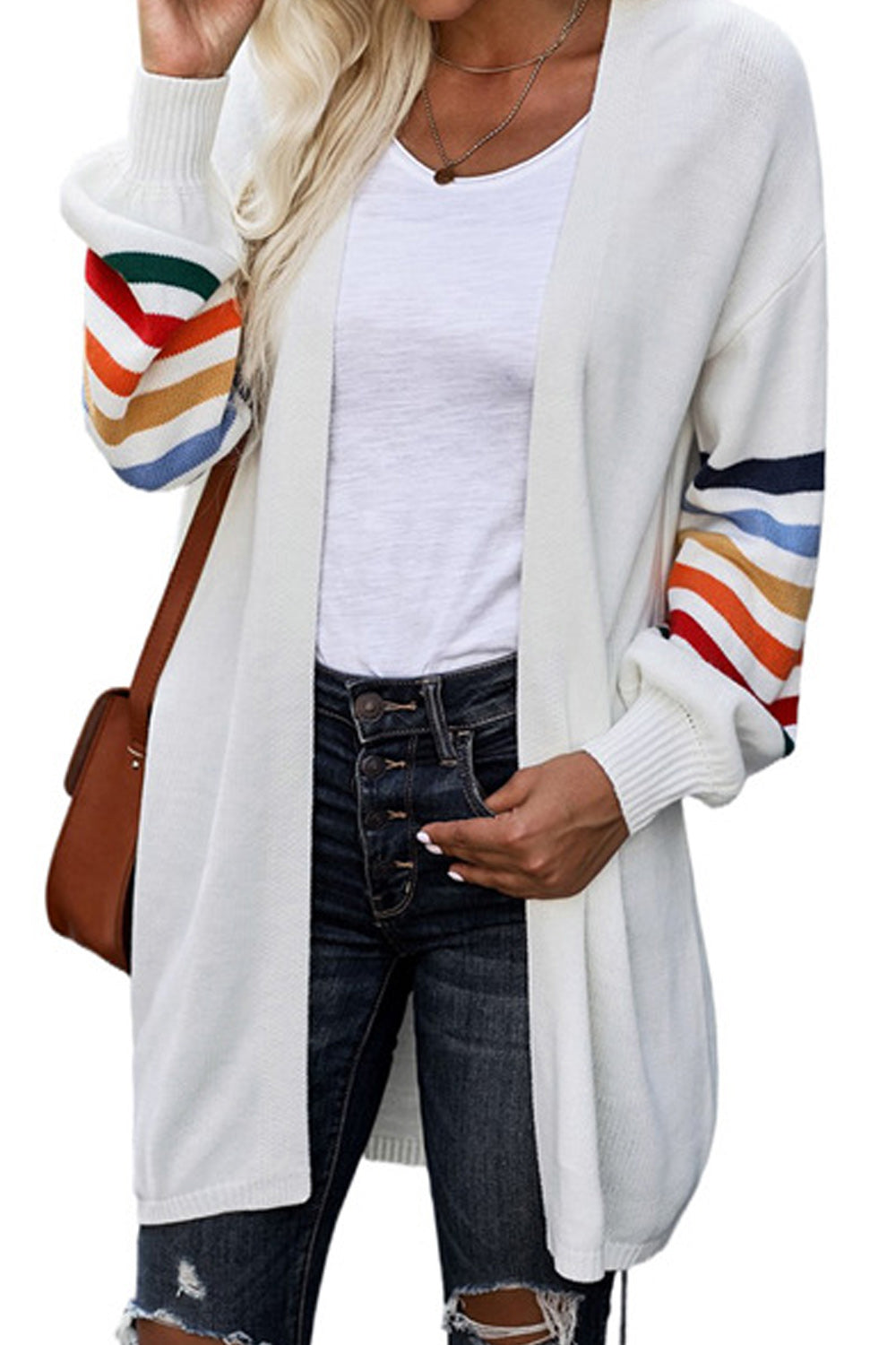 Women Outstanding Striped Pattern Long Sleeve Mid Length Front Open Lovely Thick Cardigan