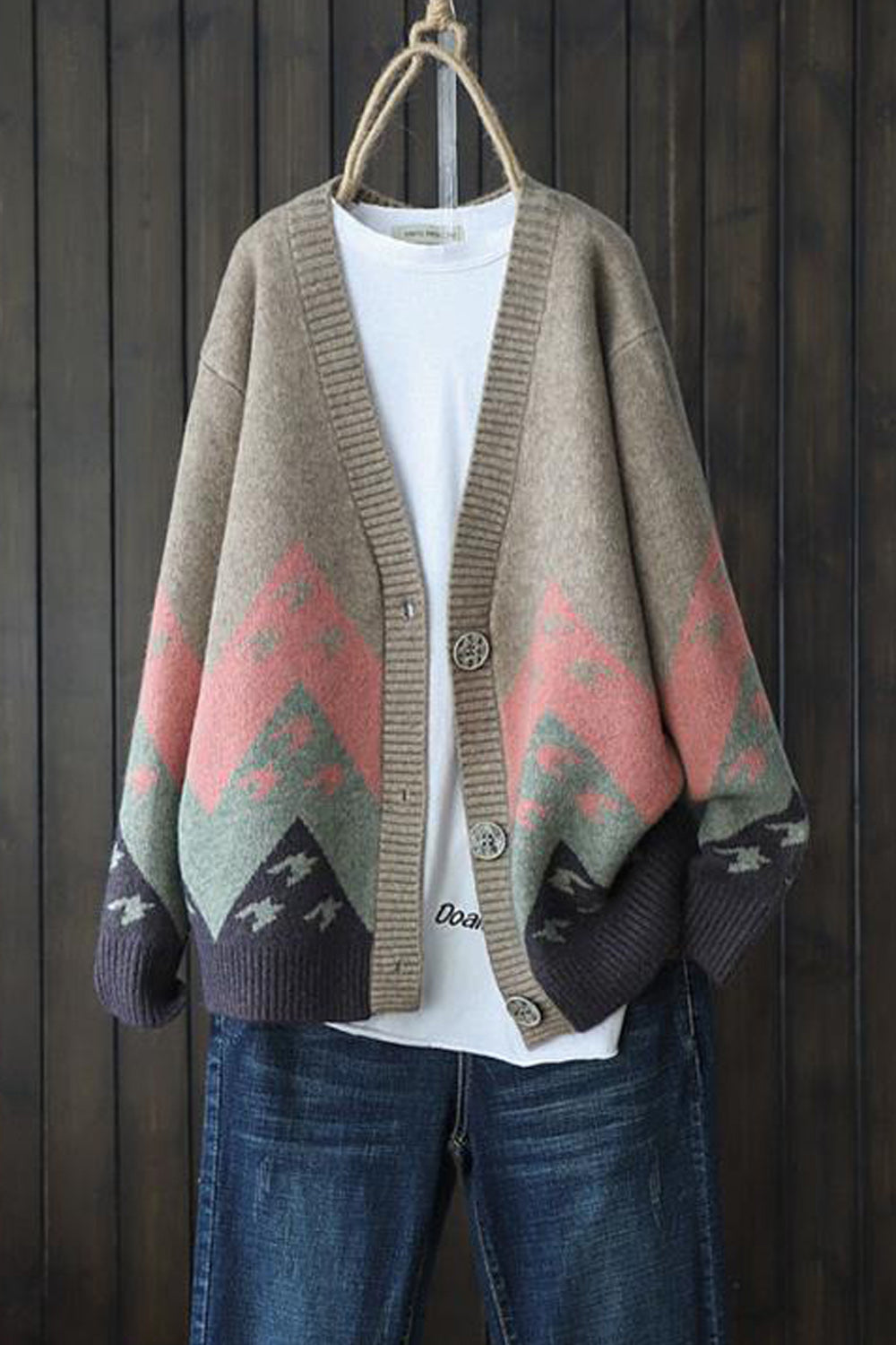 Women Tremendous Printed Pattern V-Neck Button Closure Long Sleeve Mid Length Cozy Casual Cardigan